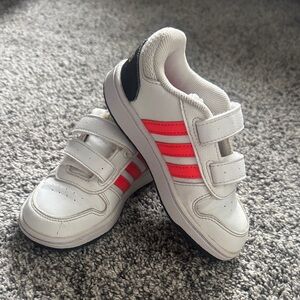 Kids White and Red-Orange Velcro adidas Sneakers